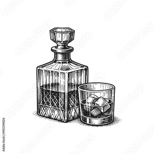 Hand-drawn sketch of a whiskey decanter and glass with ice in vintage engraving style