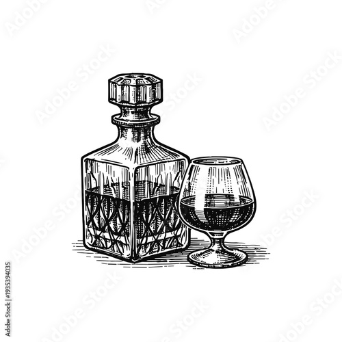 Hand-drawn sketch of a whiskey decanter and glass with ice in vintage engraving style
