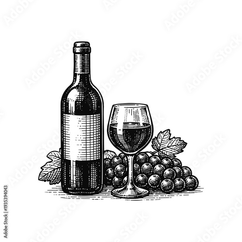 Hand-drawn sketch of a wine bottle and glass in vintage engraving style