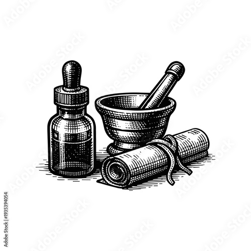 Hand-drawn sketch of a pharmacy bottle, mortar and scroll in vintage engraving style