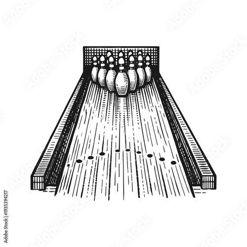 Vintage bowling alley engraving, hand drawn retro bowling lane sketch isolated