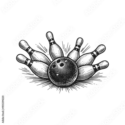 Vintage bowling strike engraving, hand drawn retro bowling pins and ball sketch isolated