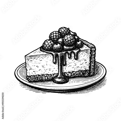 Vintage cheesecake slice engraving, hand drawn retro dessert with berries and syrup sketch isolated