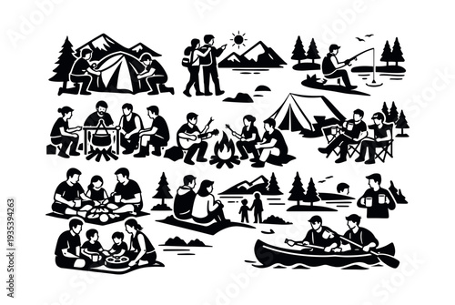 People enjoying various outdoor activities like camping, cooking, playing music, and fishing in nature