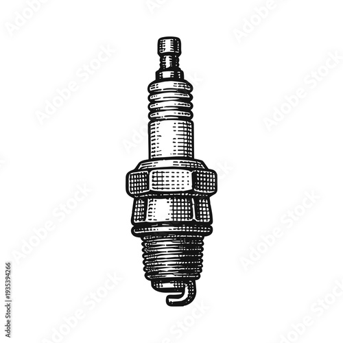 Vintage car spark plug engraving, hand drawn retro auto spare part sketch isolated