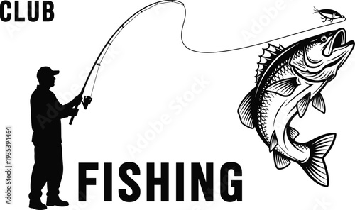 Fishing Club Logo with Angler Silhouette Catching Bass Fish Vector Illustration Sport Fishing Emblem for Outdoor Adventure Tournament and Angling Community Branding