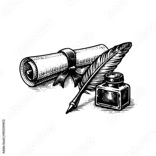 Vintage business contract and quill pen engraving, hand drawn retro legal document with inkwell sketch isolated