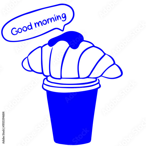 breakfast doodle illustration with croissant on takeaway coffee cup, blue hand drawn doodle style good morning concept
