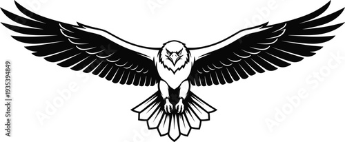 Flying eagle with spread wings vector illustration, powerful bird of prey silhouette design symbolizing strength, freedom and leadership for mascot logo or wildlife emblem.