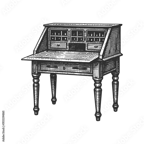 Vintage writing desk engraving style antique wooden bureau illustration