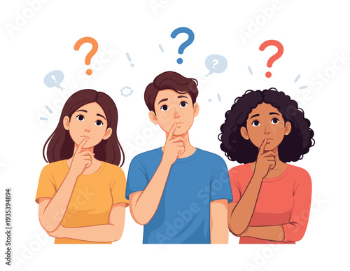 Group of diverse young people thinking, wondering, and having questions, finding new solutions and ideas for a problem