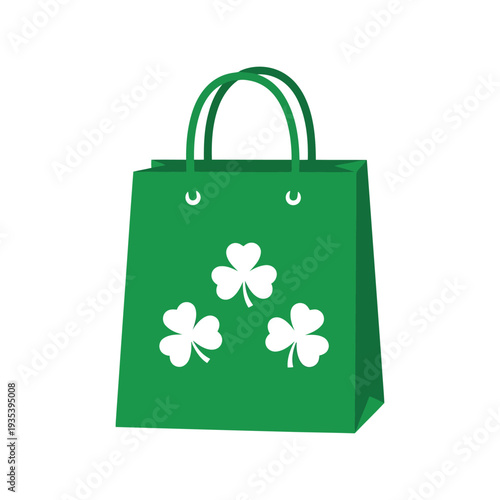 St. Patrick's Day green shopping bag with shamrock clover vector illustration isolated