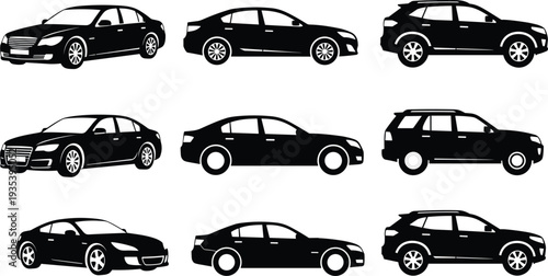 Collection of black car silhouette icons featuring various vehicle types like sedans SUVs and sports coupes for automotive design projects