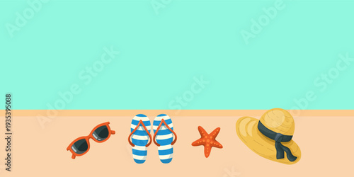 Summer beach background with straw hat, sunglasses and copy space