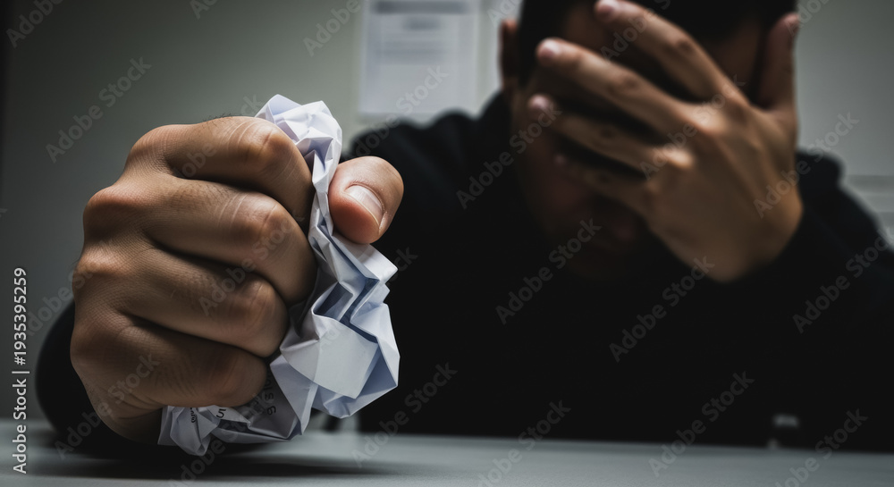 Fototapeta premium A person's hand tightly crinkling a piece of paper, symbolizing intense frustration and stress, with a blurred figure covering their face in the background.