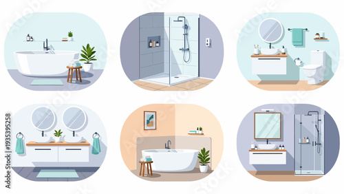 Illustrations of various modern bathroom interiors featuring different styles of bathtubs, showers, vanities, and decor elements.