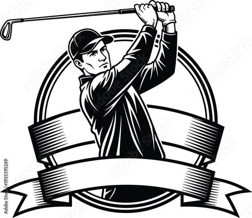 Golfer Swinging Golf Club Vintage Badge Logo Vector Illustration Sports Athlete Emblem with Ribbon Banner for Golf Tournament Club Branding