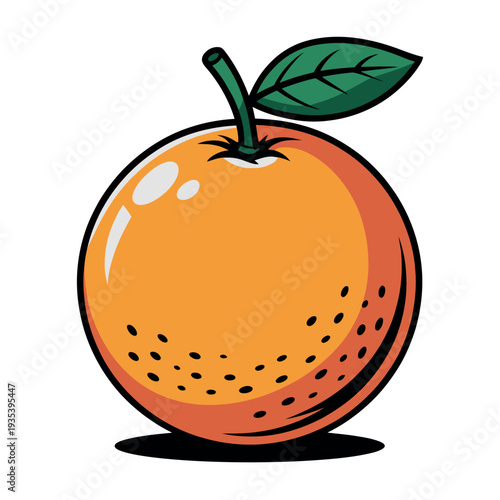 Ripe orange fruit with a small green leaf attached to the stem isolated on white.