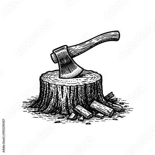 Vintage woodcut illustration of axe stuck in tree stump with chopped wood logs