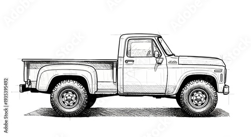 Vintage pickup truck sketch, classic vehicle illustration, side view