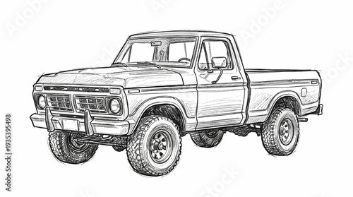Vintage pickup truck sketch, classic American automobile drawing.
