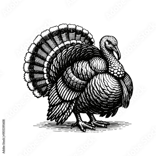 Vintage engraving turkey bird detailed hand drawn farm animal illustration woodcut style