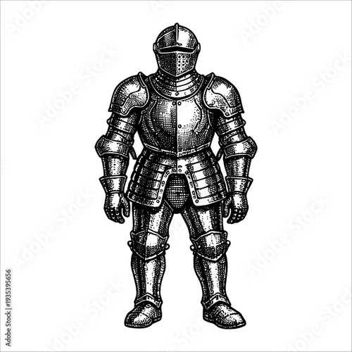 Vintage engraving medieval knight armor full body hand drawn historical illustration