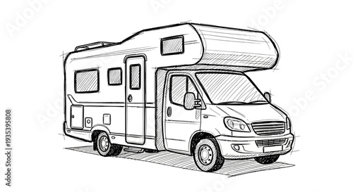 Hand-drawn sketch of a modern camper van, white background