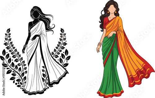 Indian woman wearing traditional saree vector illustration, elegant female silhouette and colorful sari fashion design representing Indian culture, beauty, ethnic clothing and heritage style.