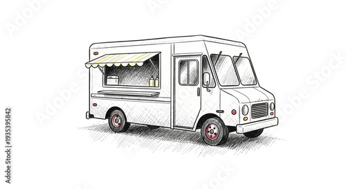 Hand-drawn sketch of a white food truck with open awning and serving window