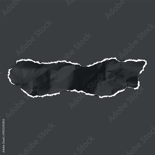 Black crumpled torn paper strip, torn sheet of page fragment, vector realistic wrinkled scrap with ripped edges