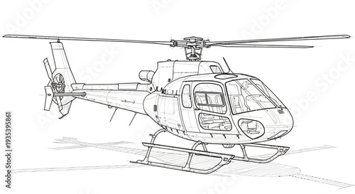 Helicopter blueprint sketch, line art drawing, aviation concept