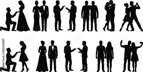 Silhouette couples and individuals in various romantic and social poses woman proposal