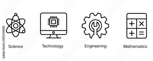 STEM icons set including science, technology, engineering, and mathematics