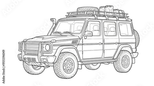 Off-road vehicle line drawing with roof rack and cargo
