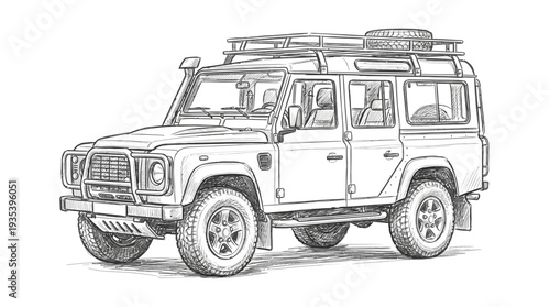 Off-road vehicle sketch, adventure car, expedition vehicle, drawing