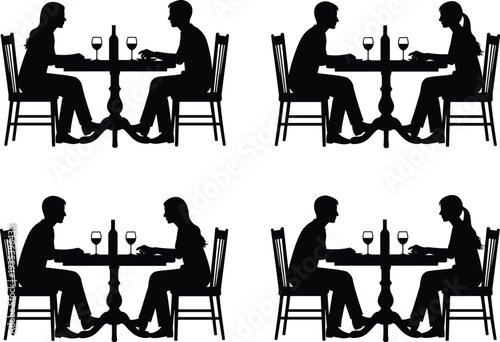 Set of couple silhouette icons having romantic dinner at restaurant table with wine glasses cad drawing flat vector illustration collection