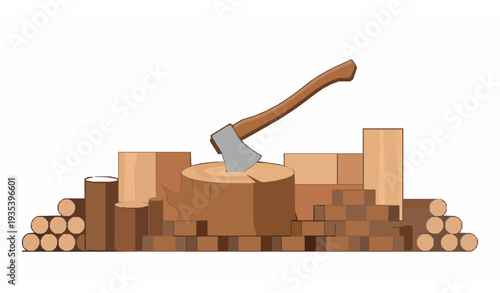 Axe in tree stump with firewood and timber vector set on white background