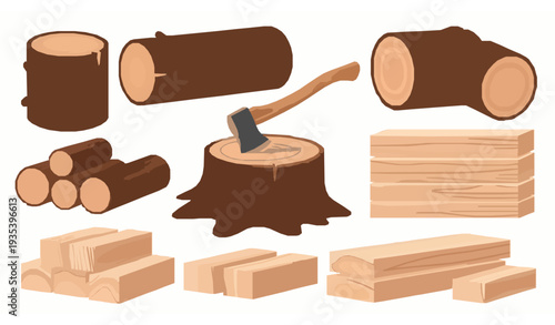Woodworking materials vector set with axe, stump and wooden logs isolated on white