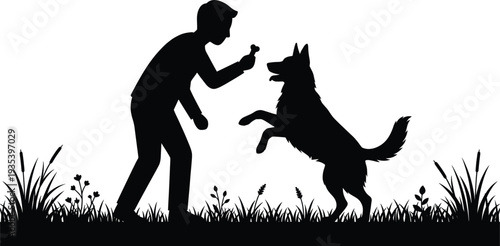 Silhouette of a man playing fetch with a dog in a grassy field vector illustration