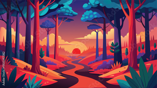 Mystical forest glow at twilight with ethereal light beams