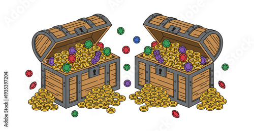 Two open wooden chests overflowing with gleaming gold coins and glittering gemstones, symbolizing wealth and prosperity