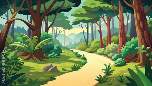 A serene forest path winding through lush greenery and towering trees