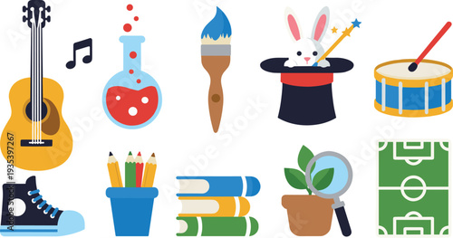 Colorful school and hobby icon set, education, music, science and sports vector illustration collection isolated on light background for kids learning design