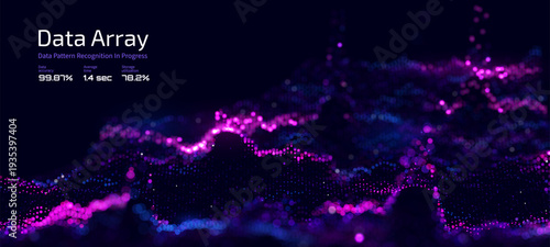 Futuristic data array visualization with flowing particle waves and digital interface representing big data analysis, pattern recognition, artificial intelligence, machine learning vector background