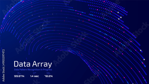 Futuristic data array visualization with flowing particle waves and digital interface representing big data analysis, pattern recognition, artificial intelligence, machine learning vector background
