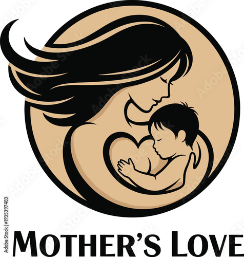 Mother and baby love vector illustration symbolizing motherhood, maternal care and family bond, elegant silhouette design for parenting logo, maternity concept, Mother's Day theme.