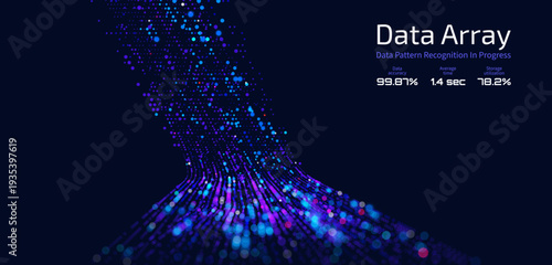 Futuristic ai data array visualization flowing particle waves and digital interface representing big data analysis, pattern recognition, artificial intelligence, machine learning vector background
