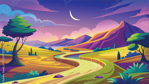 A serene twilight journey through a vibrant, dreamy landscape under a crescent moon