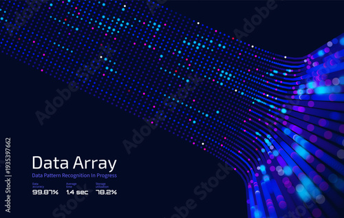 Futuristic data array visualization with flowing particle waves and digital interface representing big data analysis, pattern recognition, artificial intelligence, machine learning vector background